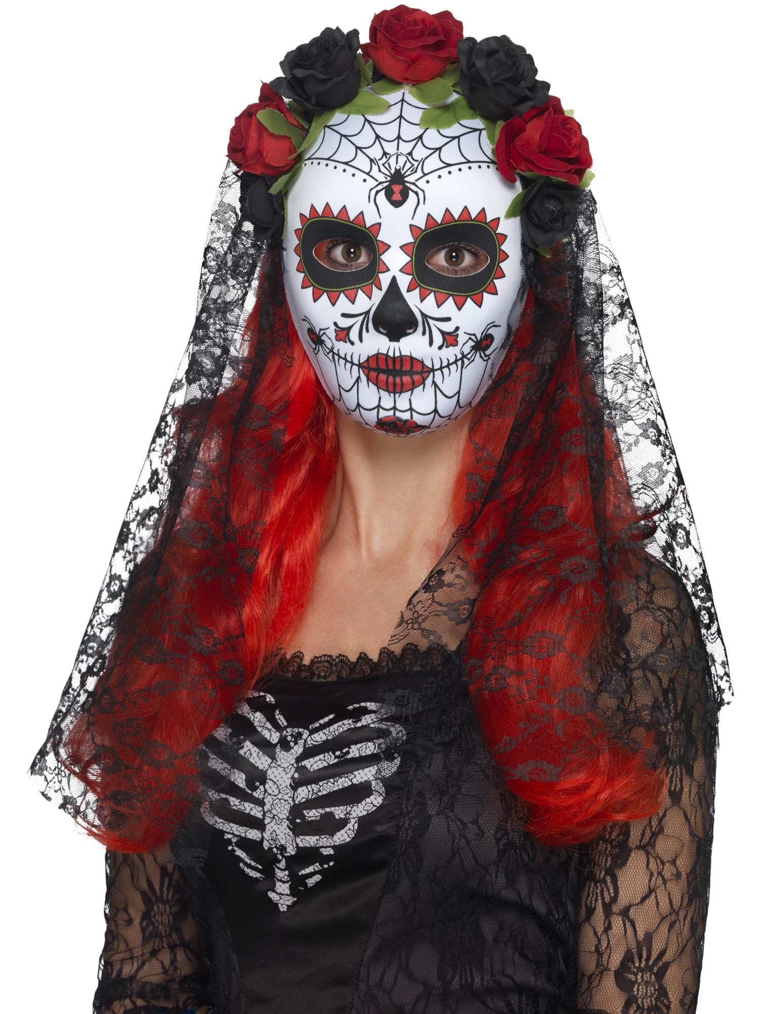 Day of the Dead Senorita Mask, Full Face, Red & Bl 1