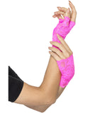 80s Fingerless Lace Gloves, Neon Pink 1