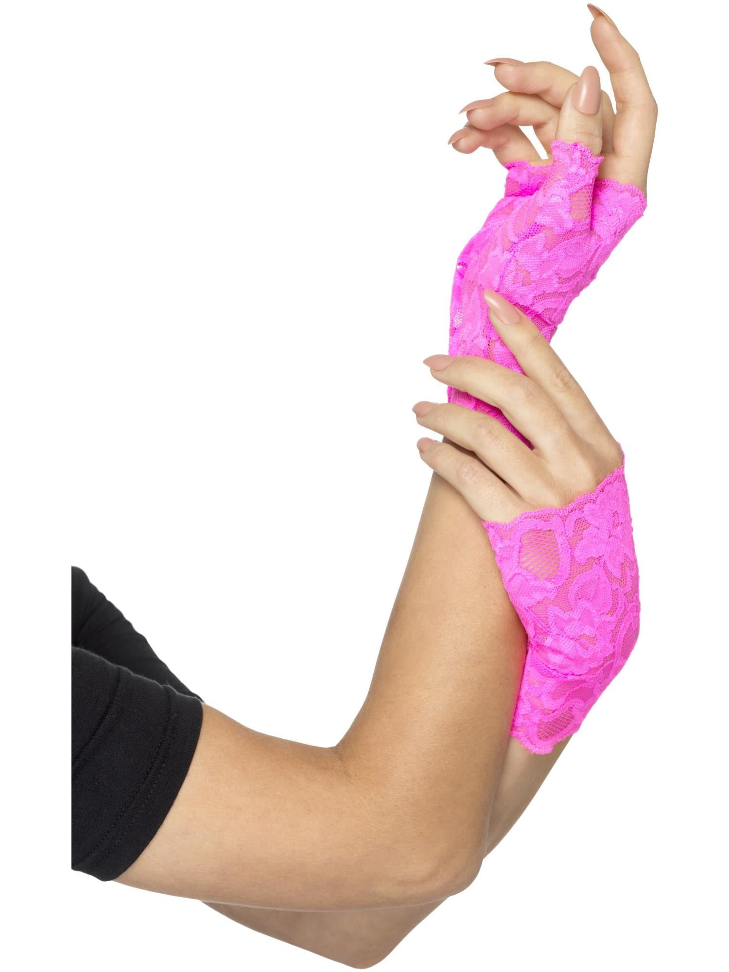 80s Fingerless Lace Gloves, Neon Pink 1