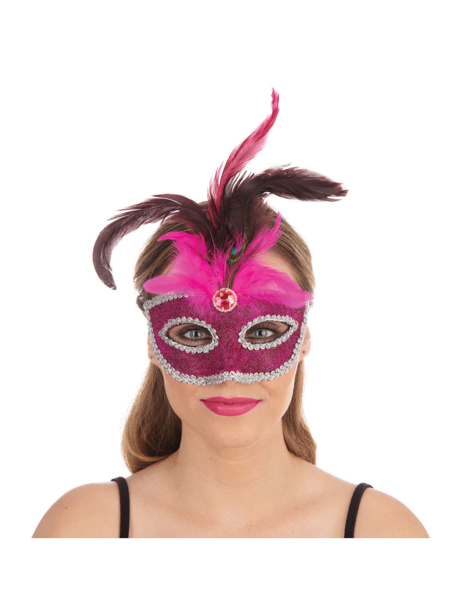 Pink Eyemask With Tall Peacock Feath 1
