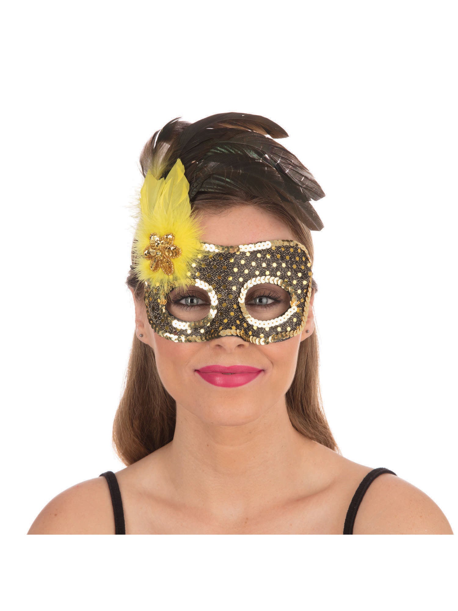 Black/Gold Sequin Mask +Yellow Feathr 1