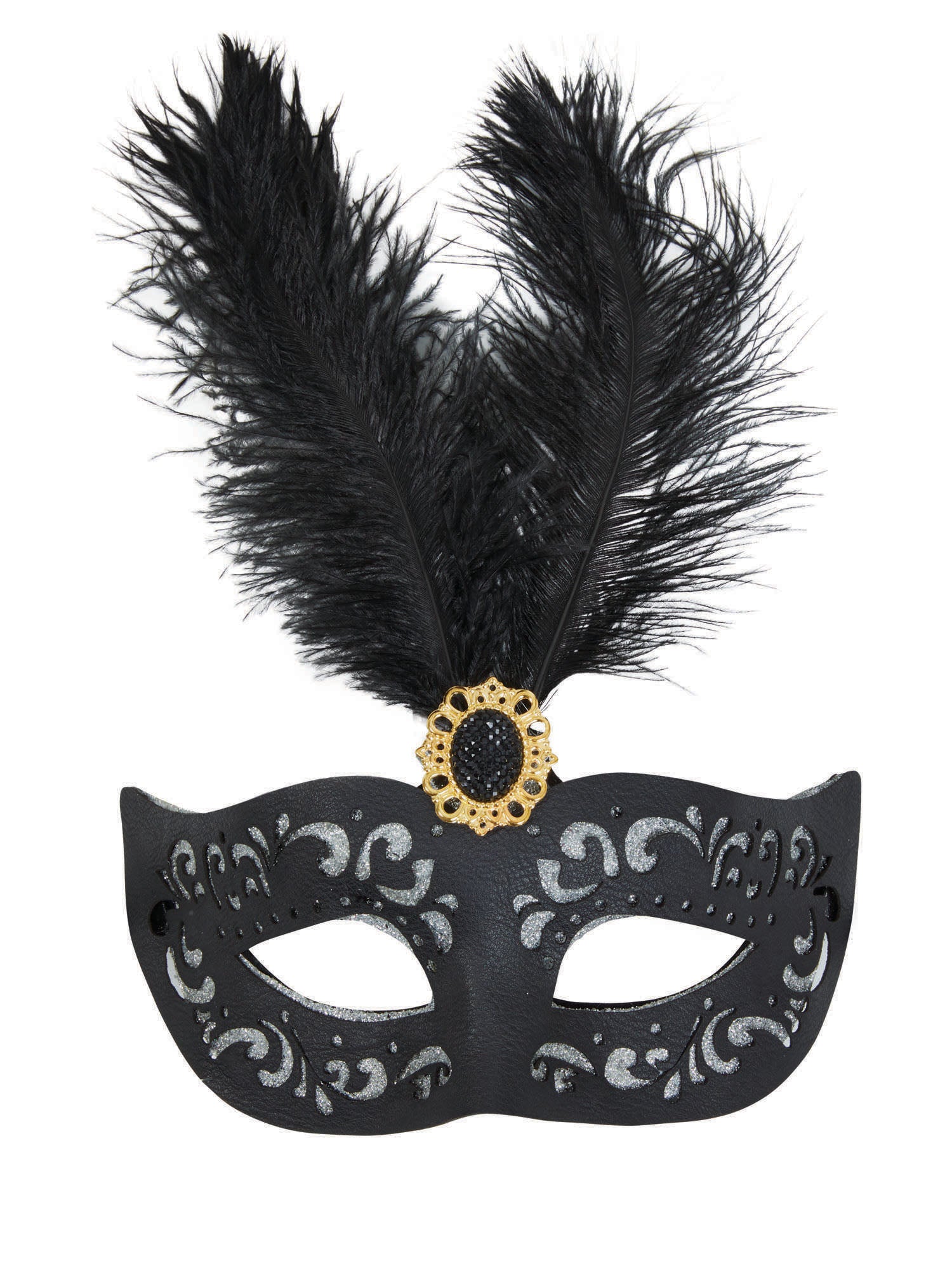Black Eyemask W/Tall Feather + Stone 1