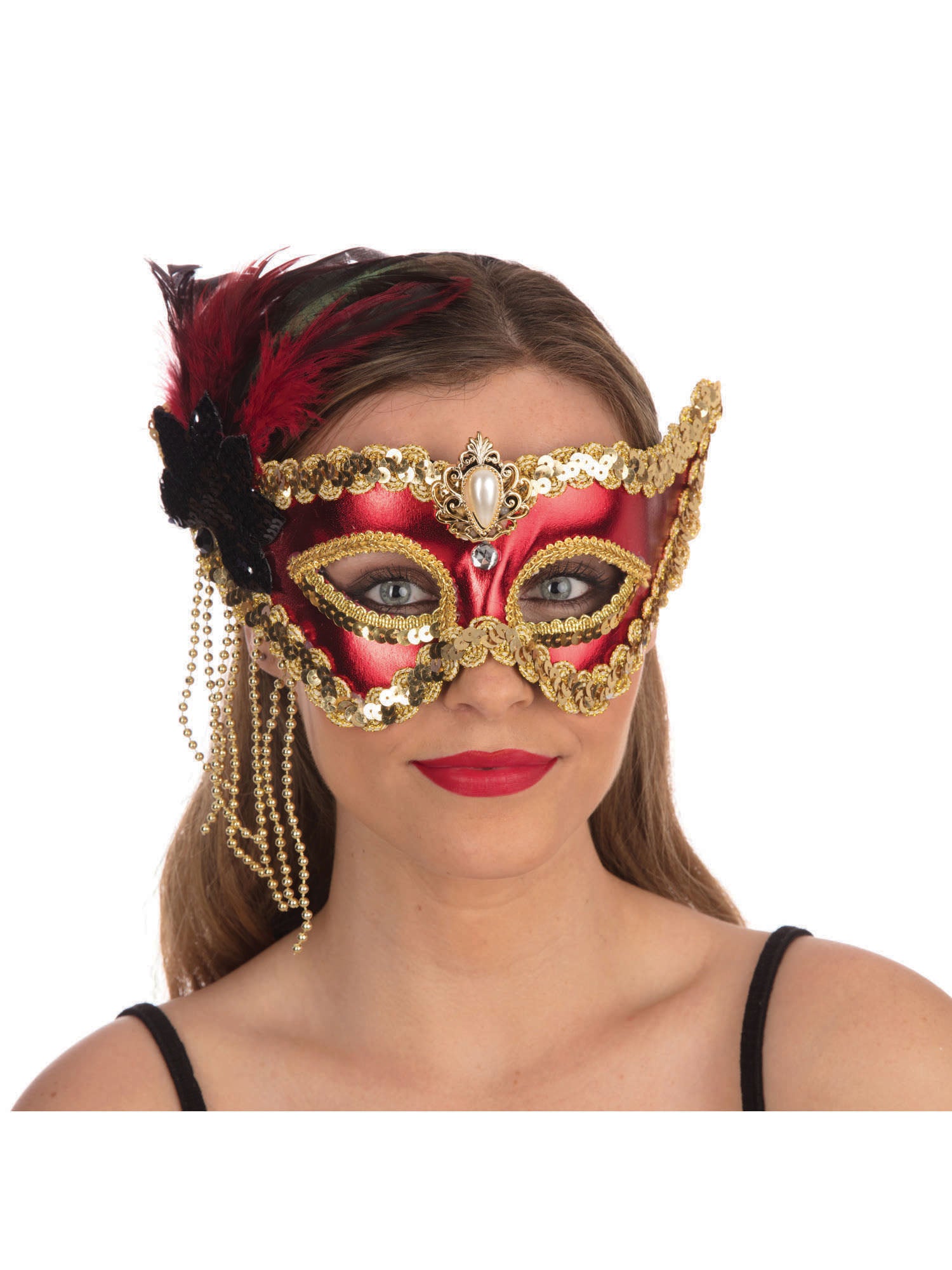 Red Satin Mask + Feathers (H/B) 1